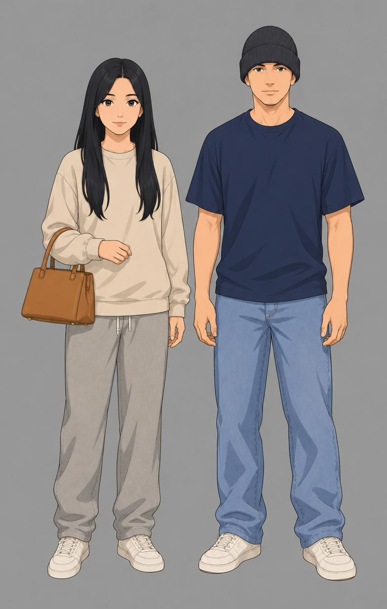 Illustration of Angela and Mike, the two recurring characters, standing side by side.